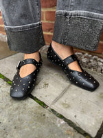 Black Stud Buckle Flats